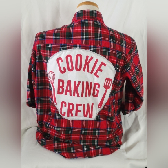 Handmade Tops - UPCYCLED REMADE REFASHIONED Red Plaid Cookie Baking Crew Shirt SZ LARGE